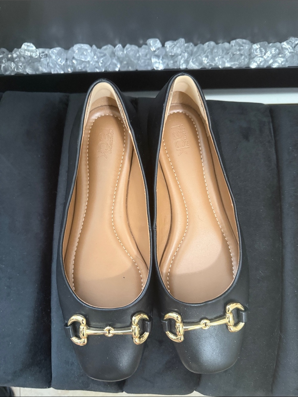 Classic Black Leather Ballerina Flats with Gold Bit Hardware